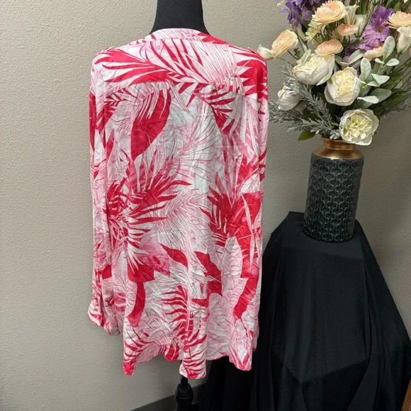Calvin Klein 3X Pink Leaf Print Button Blouse | Tropical Resort Cruise Top - Picture 3 of 8